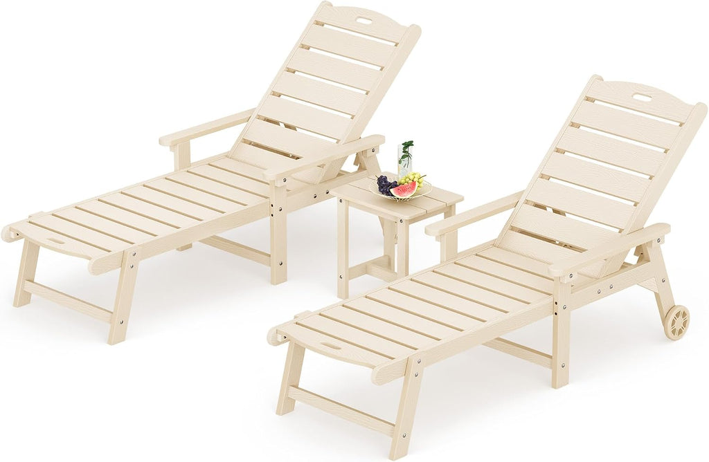 LUE BONA Chaise Lounge Chairs Set with Table, 3-Piece, 79'' Oversized HDPS Material, 5 Positions Adjustable Patio Lounge Chairs, Pool Lounge Chair with Wheels for Poolside, 3-Year Warranty, Sand