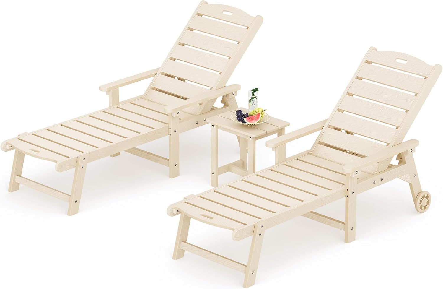 LUE BONA Chaise Lounge Chairs Set with Table, 3-Piece, 79'' Oversized HDPS Material, 5 Positions Adjustable Patio Lounge Chairs, Pool Lounge Chair with Wheels for Poolside, 3-Year Warranty, Sand