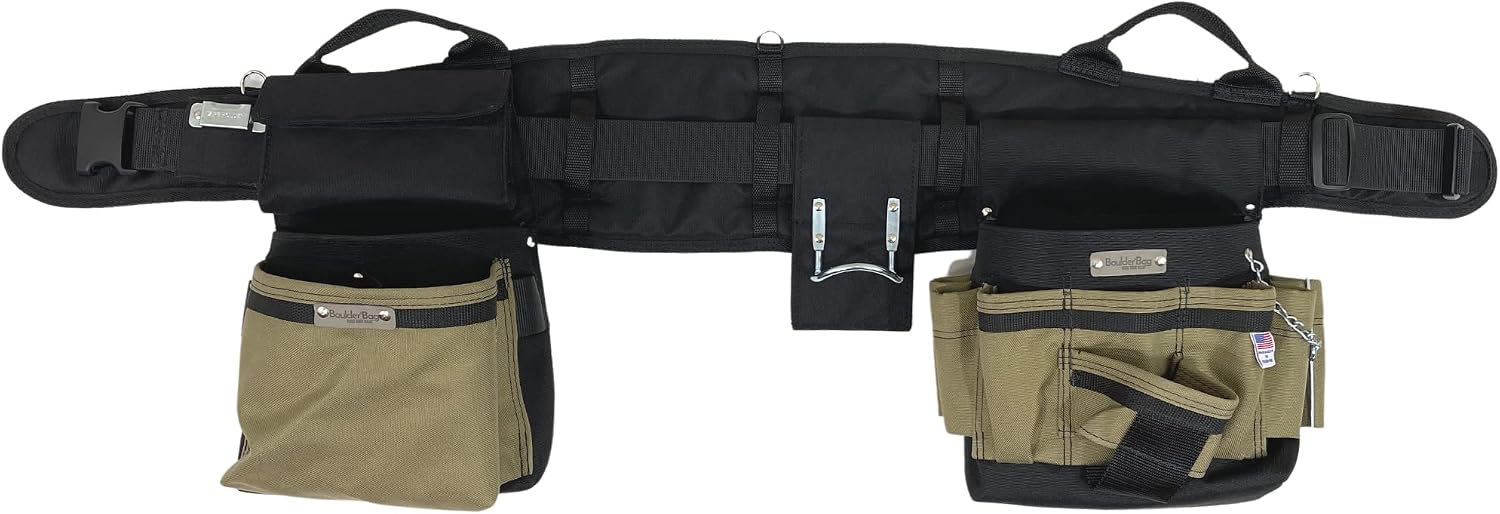BOULDER BAG Ultimate Electrician's MAX Combo with Comfort Back Support Tool Belt, Quick Release Buckle, Heavy Duty Tool Belt, Tan (Medium 28-32 Inch Waist), Made in USA