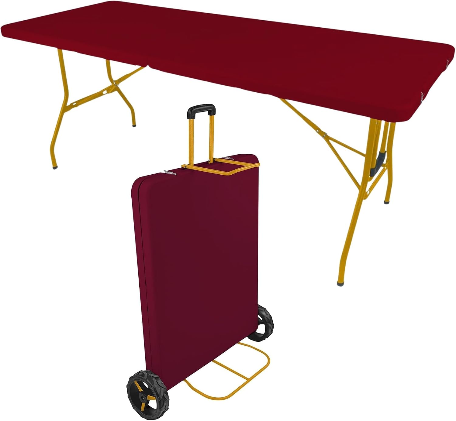 6Ft Rolling Folding Table with Built-in Wheels, Durable Plastic, Team Colors, Easy to Carry, Perfect for Camping, Picnic, Tailgating, Party, Indoor/Outdoor Use (Single Table, Yellow & Red)