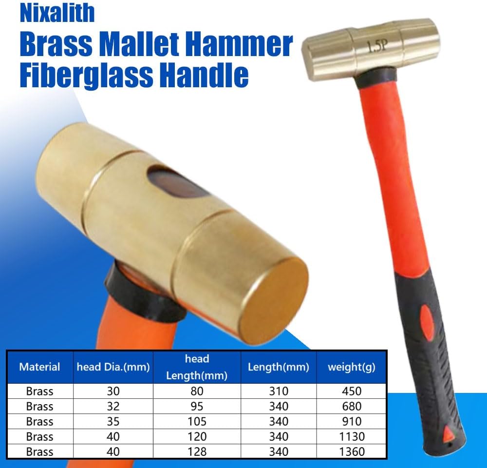 Nixalith Brass Mallet Hammer 48oz,Ball Pein Hammer With Fiberglass Handle,Length 340mm,Metalworking Tool,Non-magnetic Brass Hammer 1360g