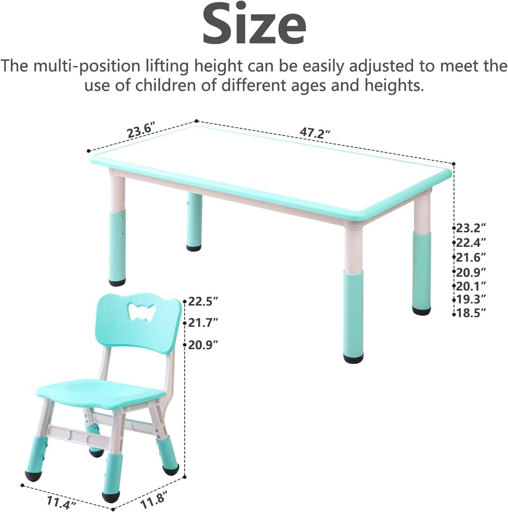 monleelnom Children's Table and Chair Set Suitable for Boys and Girls Age 2-12 Height Adjustable Table top Can be Painted with 6 Seats Suitable for Family Learning Daily use (Mint Green)