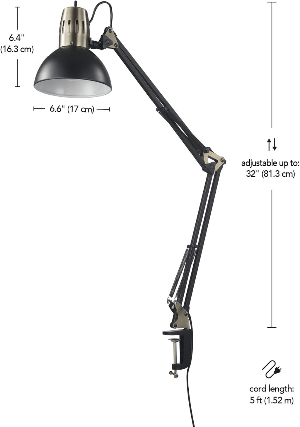 31.5' Multi-Joint Desk Lamp with Metal Clamp, Black, On/Off Rotary Switch on Shade, Partially Adjustable Swing Arm, Home Essentials, Reading Light, Office Décor