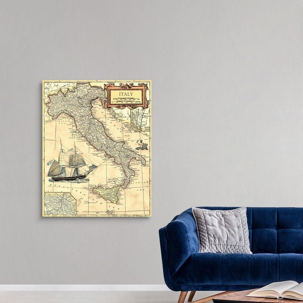 CANVAS ON DEMAND Italy Map Canvas Wall Art Print by Vision Studio, Home Decor, Nautical Artwork,36' x45in