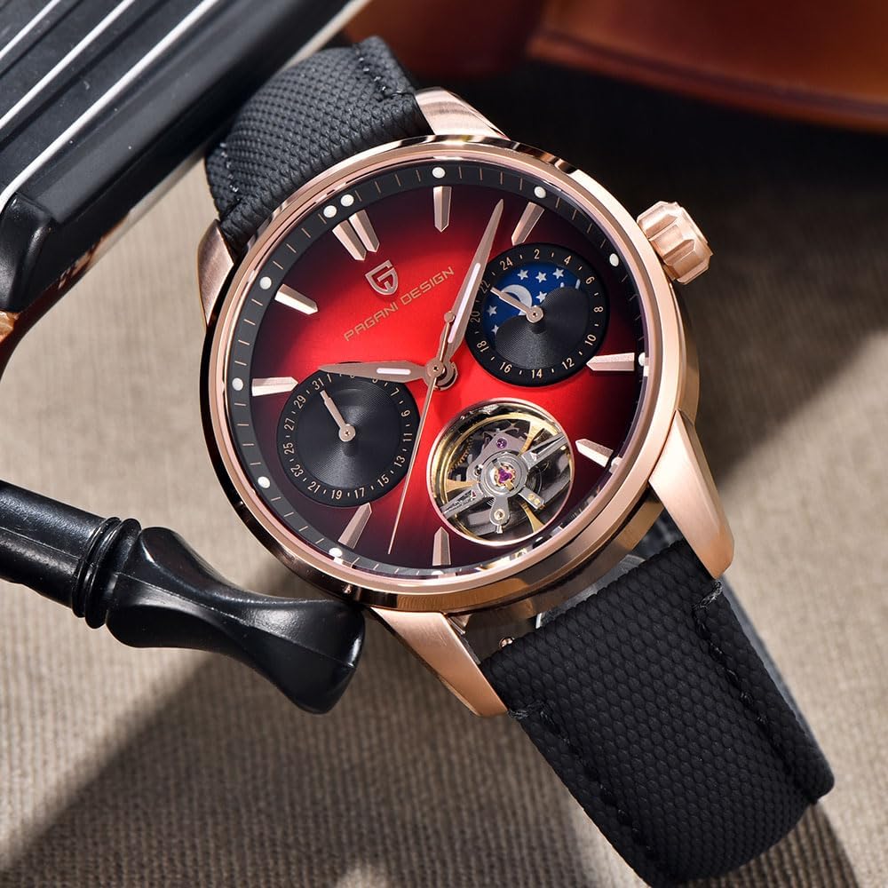 Pagani Design Luxury Men's Automatic Watch Skeleton Tourbillon Moon Phase Stainless Steel 100m Waterproof Leather Strap Men's Mechanical Watch