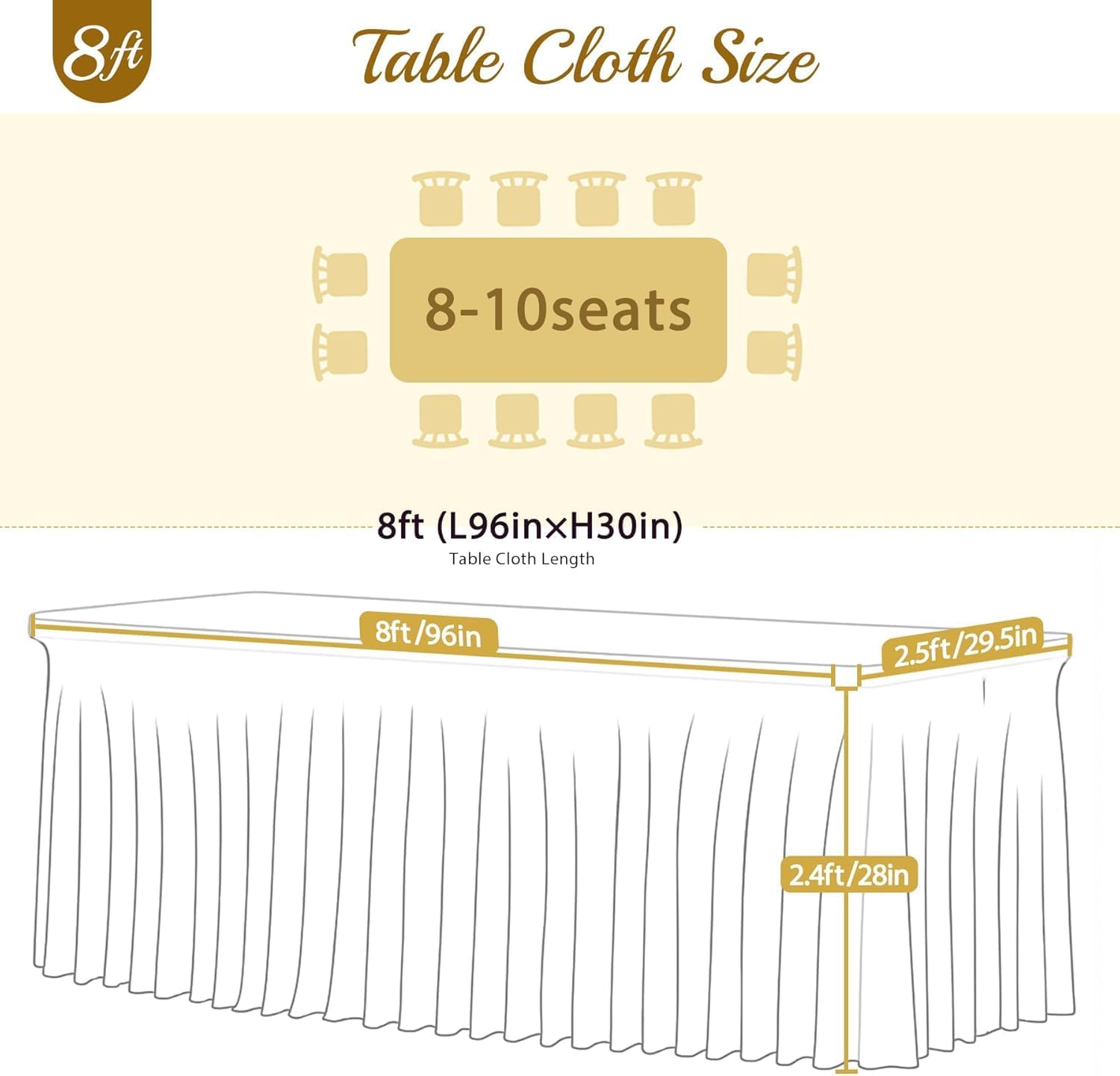 Besutolife 6 Pack Ivory Spandex Tablecloth for 8ft Rectangle Tables Fitted Table Cloth Stretch Table Covers Skirt 8ft Rectangular Tablecloths for Banquet Parties Wedding Decorations