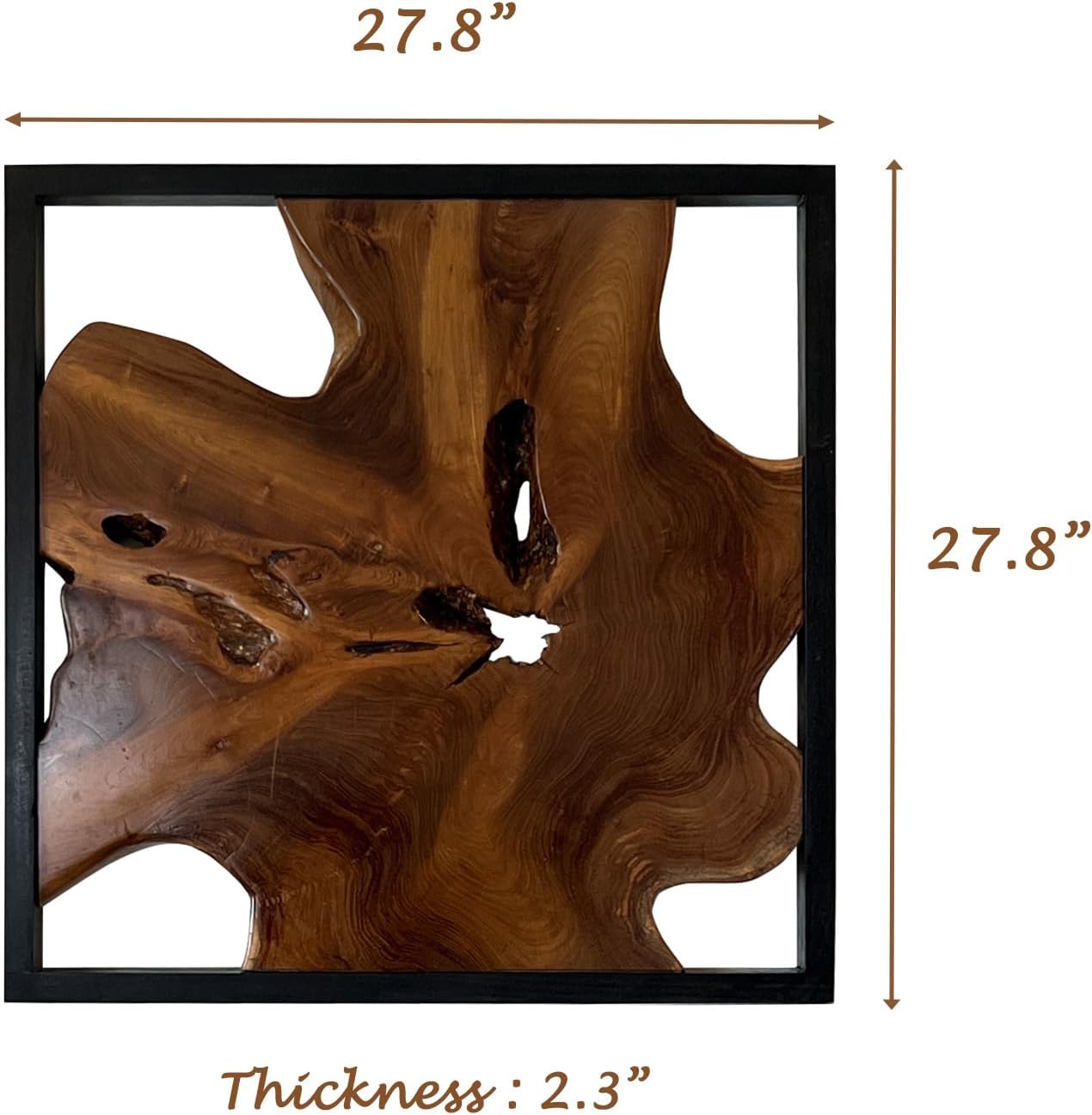 Warmaxx Rustic Teak Wood Wall Art 27.8'L x 27.8'W x 2.3' Thickness Farmhouse Framed Wall Art Aesthetic Decoration Square Home Office Dorm Handmade Freeform Pattern Natural Wall Décor Living Room Bedroom Hallway