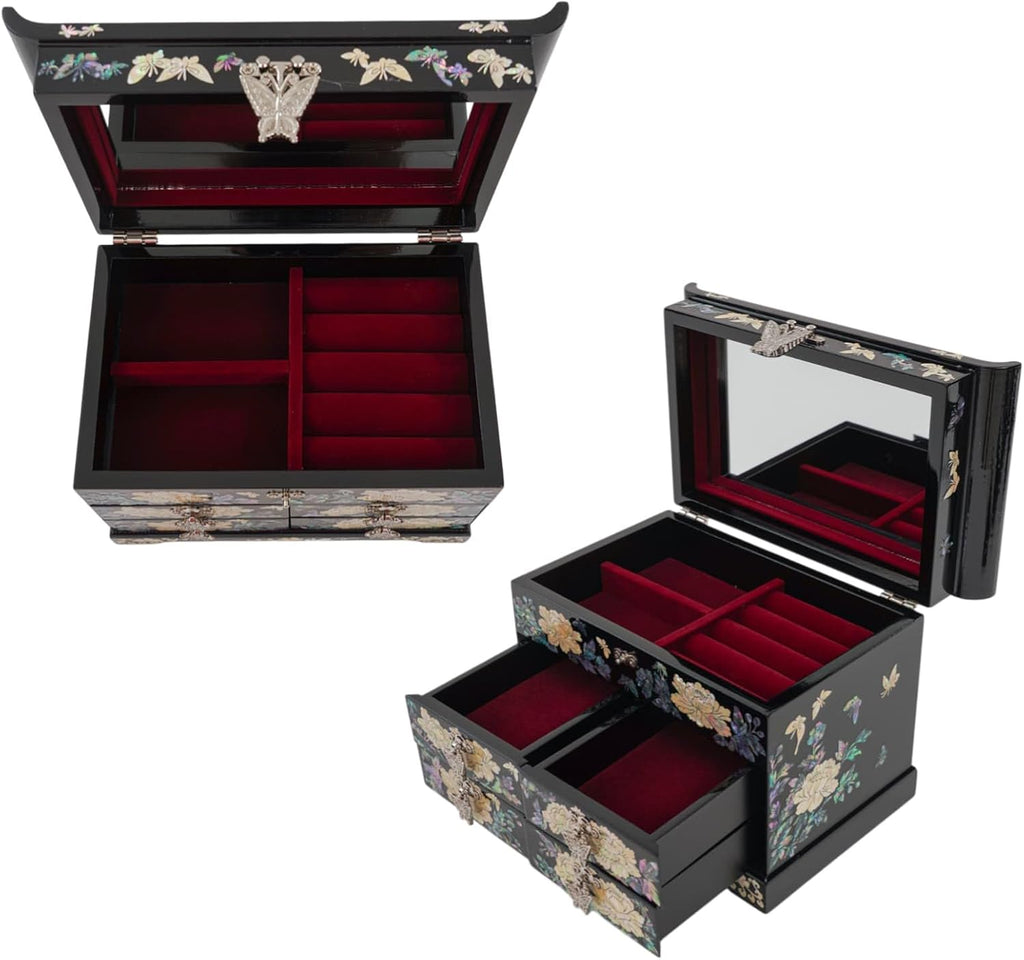 February Mountain Mother of Pearl Wooden Jewelry Organizer Box – Jewelry Storage Box for Women, Features Spacious Drawers, Ideal for Rings, Bracelets, Watches, Chains, Accessories (Colorful Flowers)
