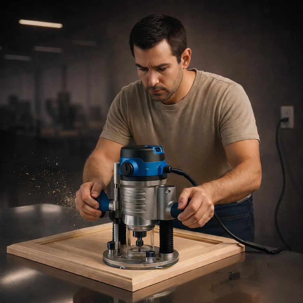 12 Amp Variable-Speed Fixed Base Router with Plunge Base Kit (HE041), 10,000–25,000 RPM, Soft Start, Microfine Depth Control – Compatible with HERCULES Routers