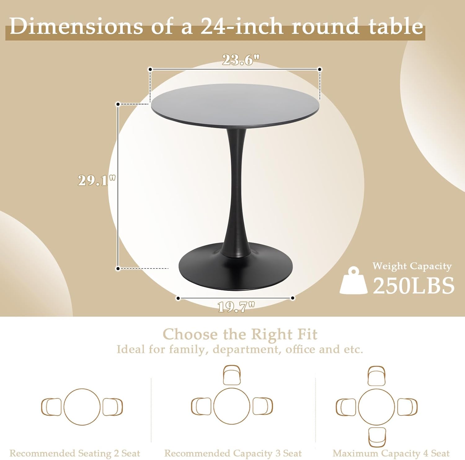 Dining Table and Dining Chair Set 23.6' Black Round Table&2 Boucle Upholstered Chairs for Kitchen Dining Room Small Space 3 Piece Dining Table and Chair Set (Black)