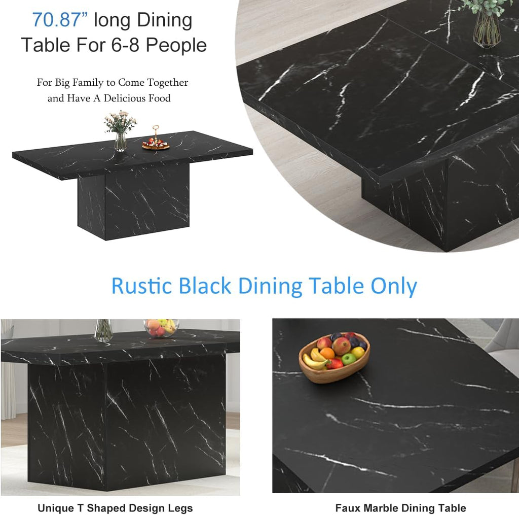 HSH 71' Black Dining Table for 6-8, Rectangle Modern Faux Marble Dinner Table, Large Dining Room Table for Kitchen Living Room, Industrial Wood Kitchen Table only with Sturdy Base, Black, 71 Inch