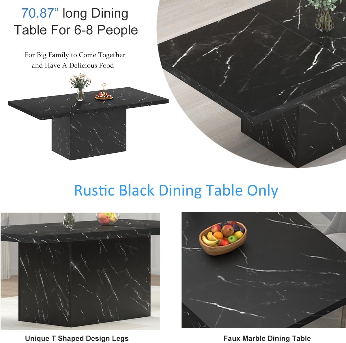 HSH 71' Black Dining Table for 6-8, Rectangle Modern Faux Marble Dinner Table, Large Dining Room Table for Kitchen Living Room, Industrial Wood Kitchen Table only with Sturdy Base, Black, 71 Inch