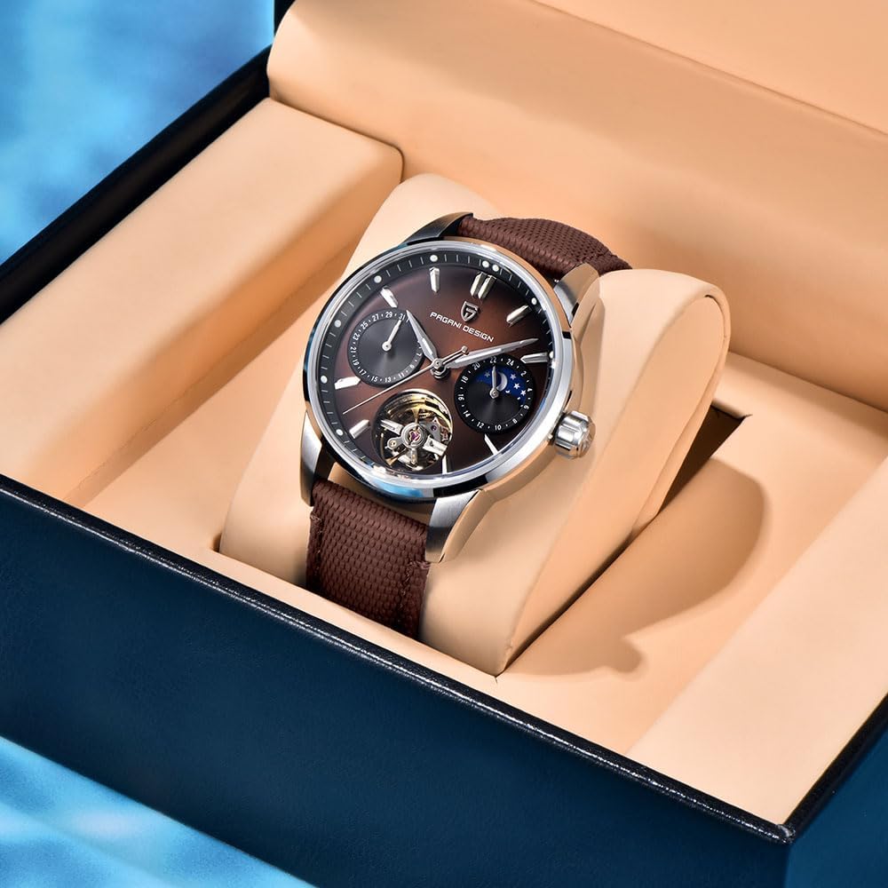 Pagani Design Luxury Men's Automatic Watch Skeleton Tourbillon Moon Phase Stainless Steel 100m Waterproof Leather Strap Men's Mechanical Watch
