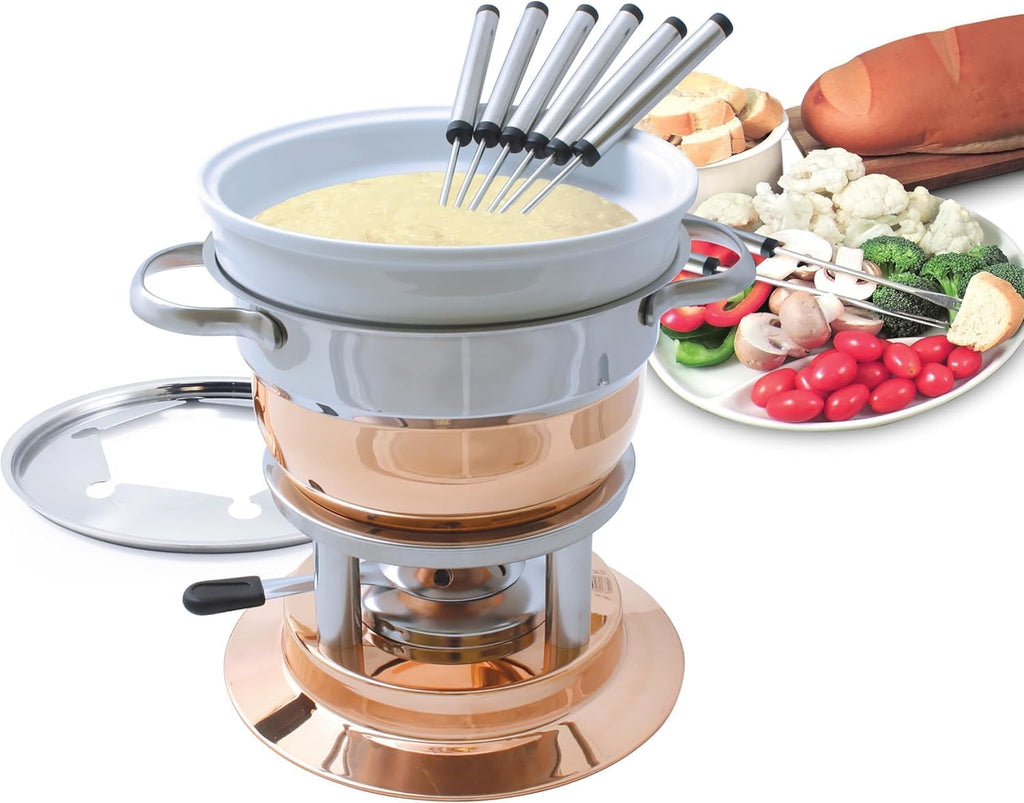 Swissmar Lausanne 11-Piece Copper Plated Fondue Set - Ideal for Cheese & Chocolate Fondue, Oil & Broth Cooking - Perfect for Kitchen Collection & Wedding Gifts - 1.8 Liter / 1.9 Quarts