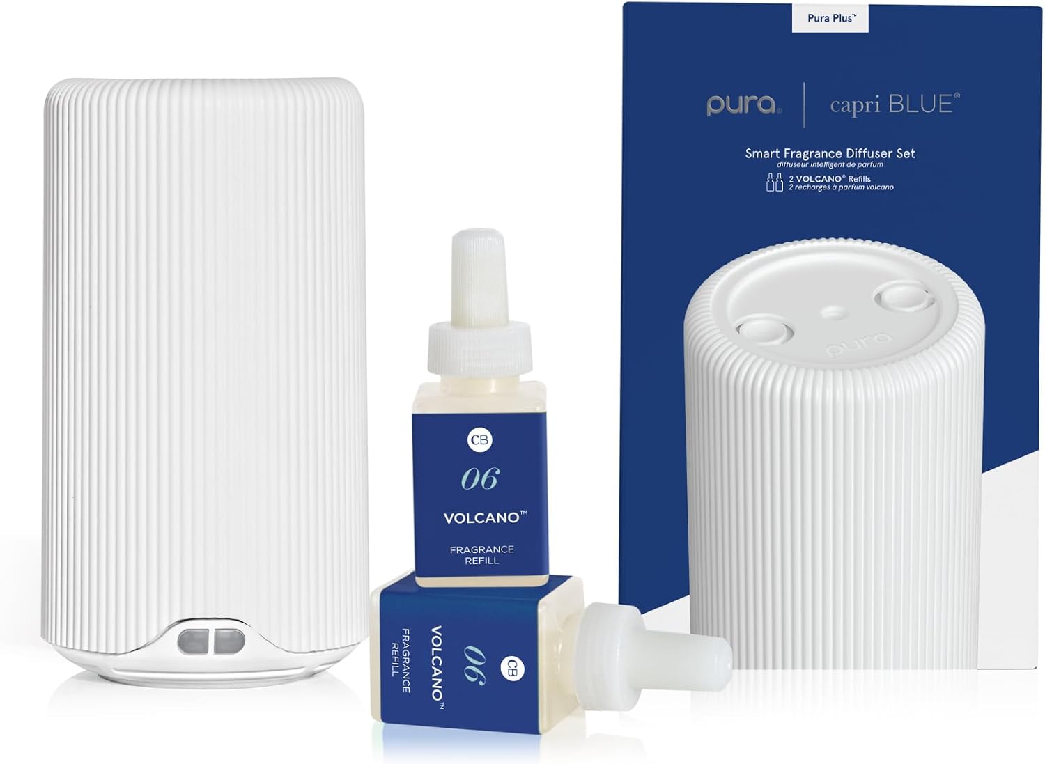 Capri Blue Pura Plus Smart Home Fragrance Diffuser Kit - Includes 1 Tabletop Pura Diffuser and 2 Volcano Refills - Notes of Tropical Fruits & Sugared Citrus