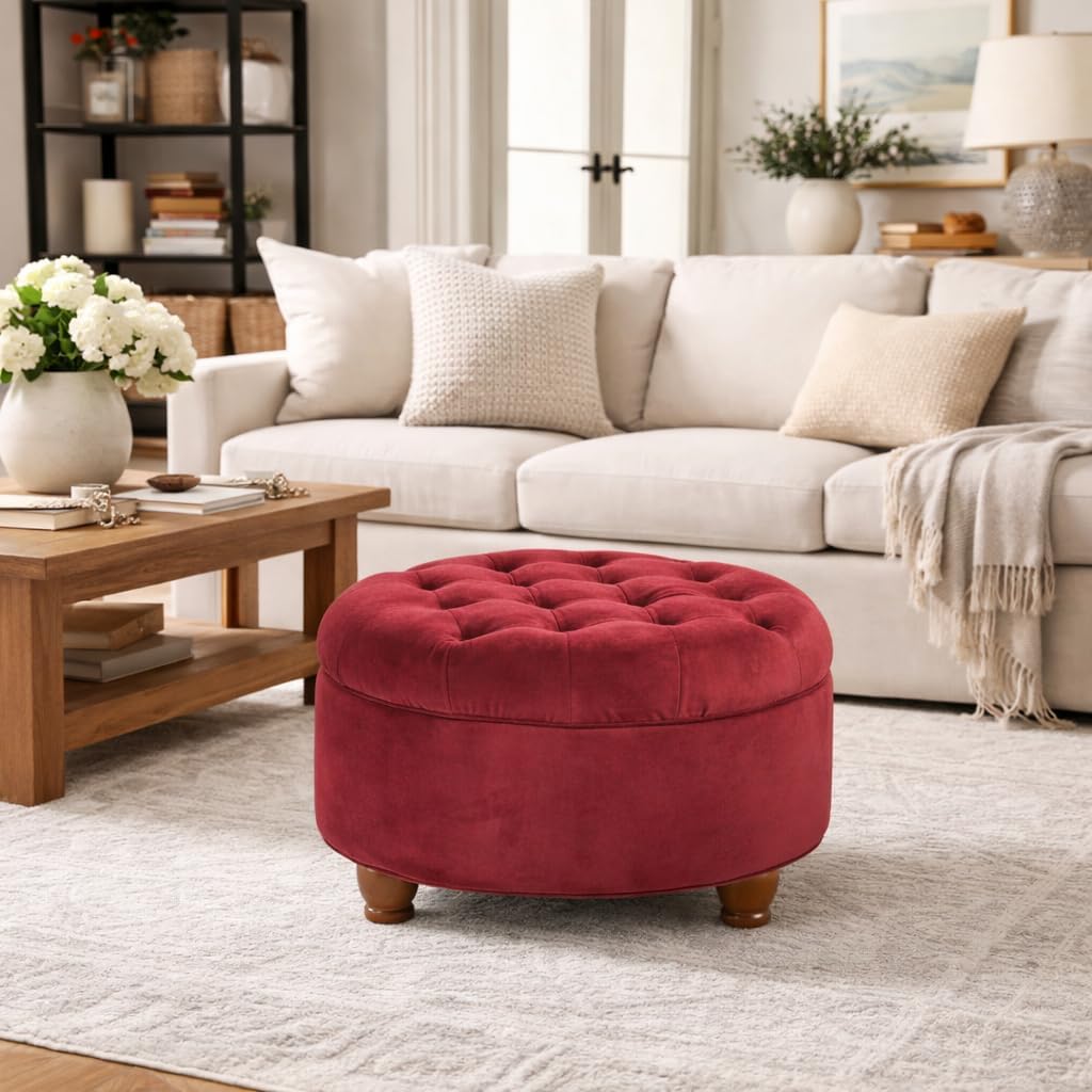 Homepop Home Decor |N8264-B119 | Large Button Tufted Velvet Round Storage Ottoman | Ottoman with Storage for Living Room & Bedroom, Berry