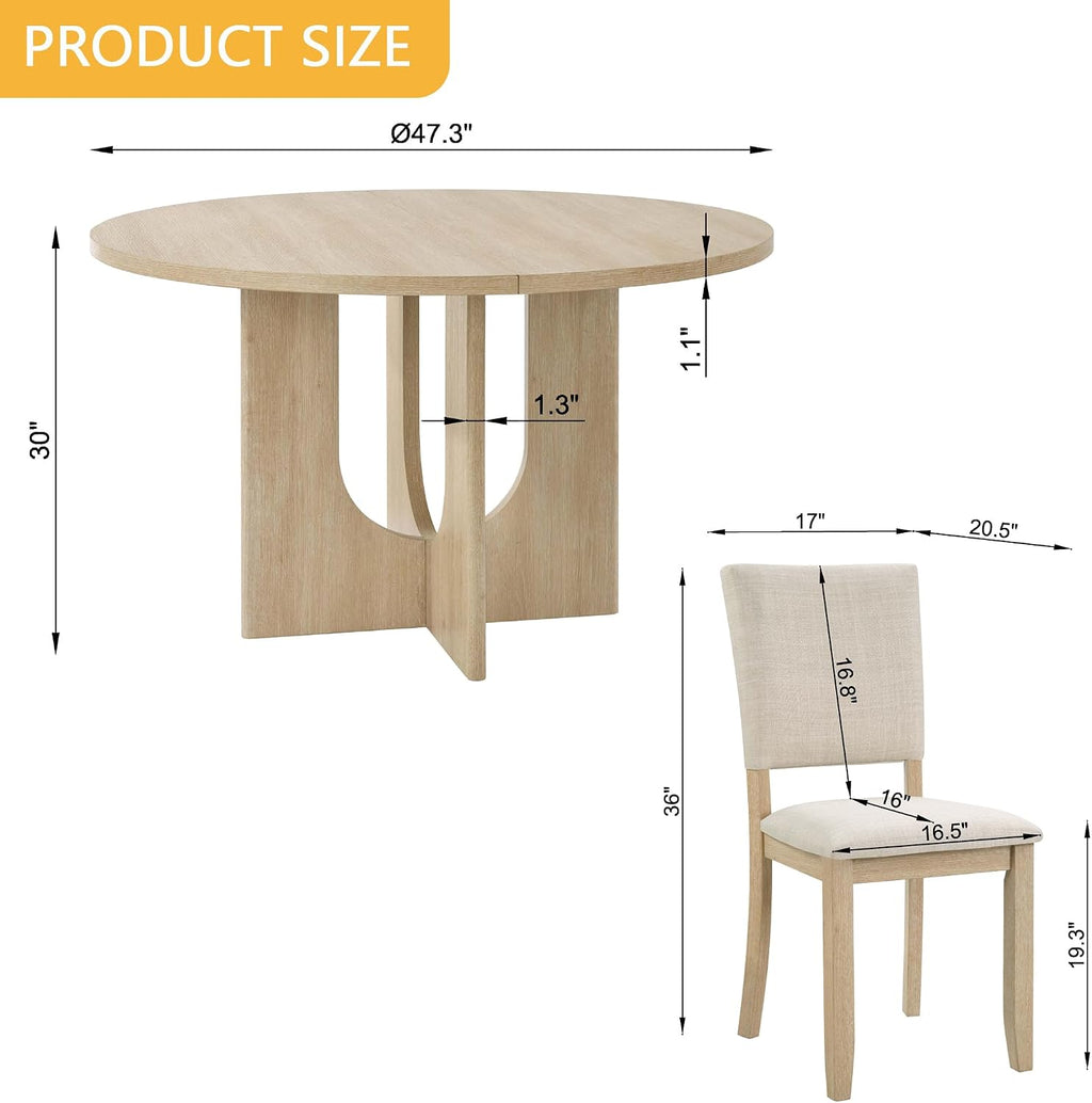 KEIKI 5-Piece Standard Height Dining Table Set with Round Table and 4 Upholstered Curved Backrset Chair, for 4 Person, Modern Style Wooden Table Set, Easy Assembly, for Kitchen, Dining Room, Beige