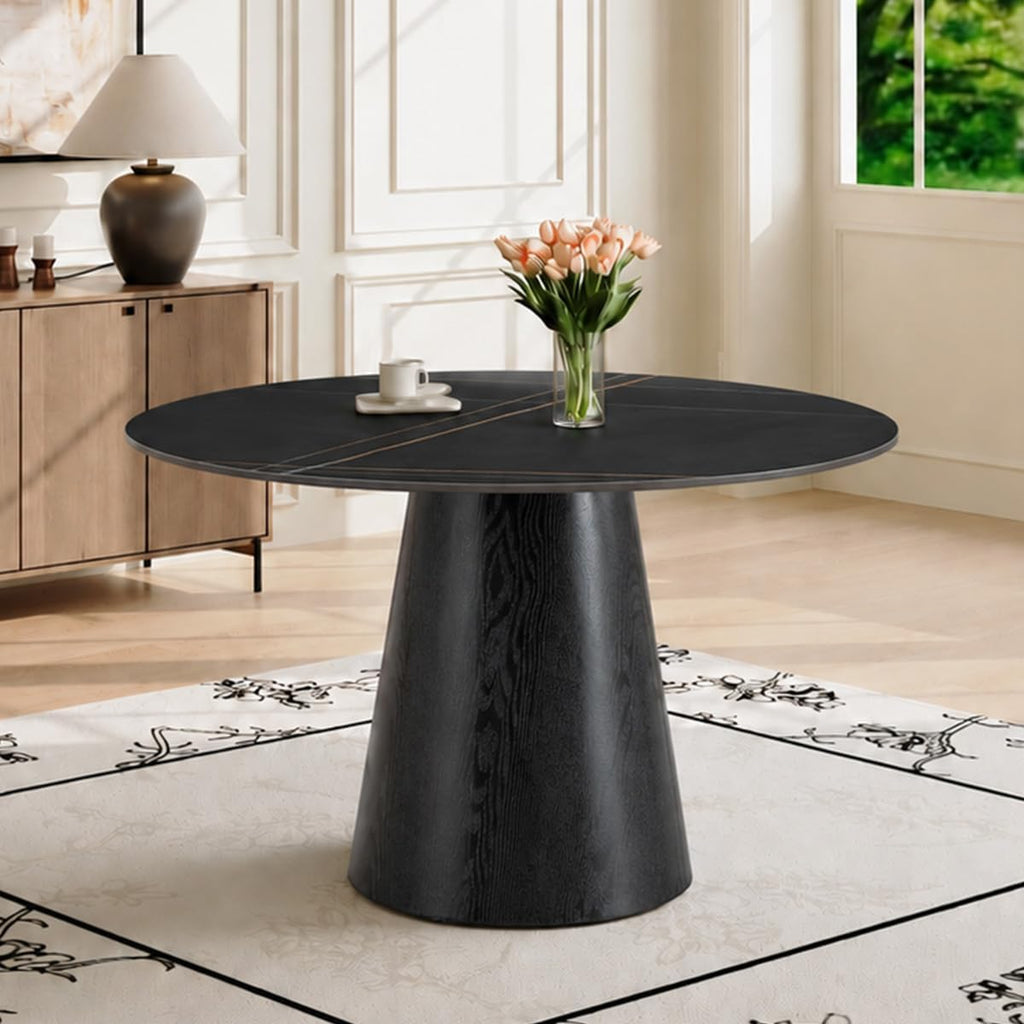 Faux Marble Round Dining Table for 4-6, 42' Modern Round Kitchen Table with Sintered Stone Top and Wood Stable Pedestal for Apartment,Restaurant,Small Space (Black