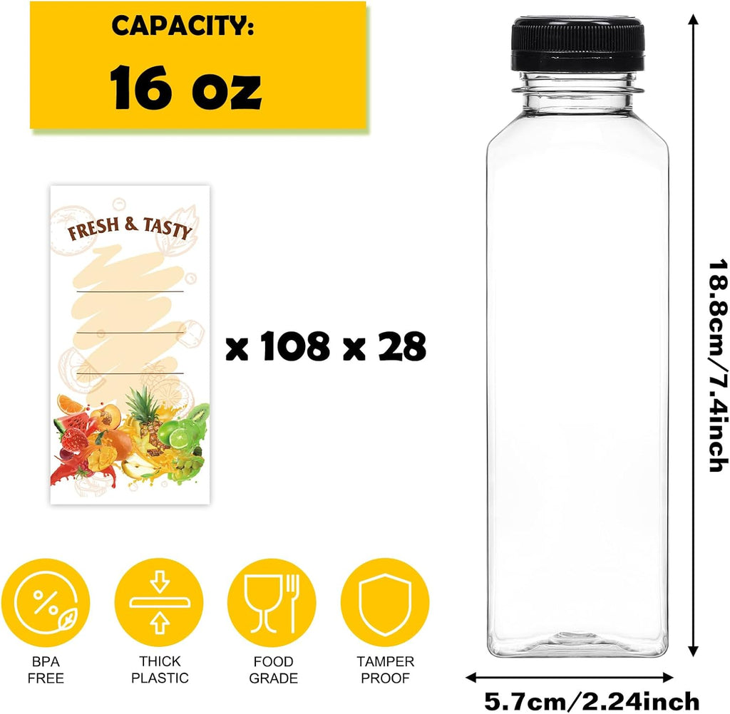 BAKHUK 3024pcs 16oz Empty Plastic Juice Bottles with Caps, Plastic Water Bottles with lids, Reusable Clear Bulk Beverage Containers for Juice, Milk and Other Beverages
