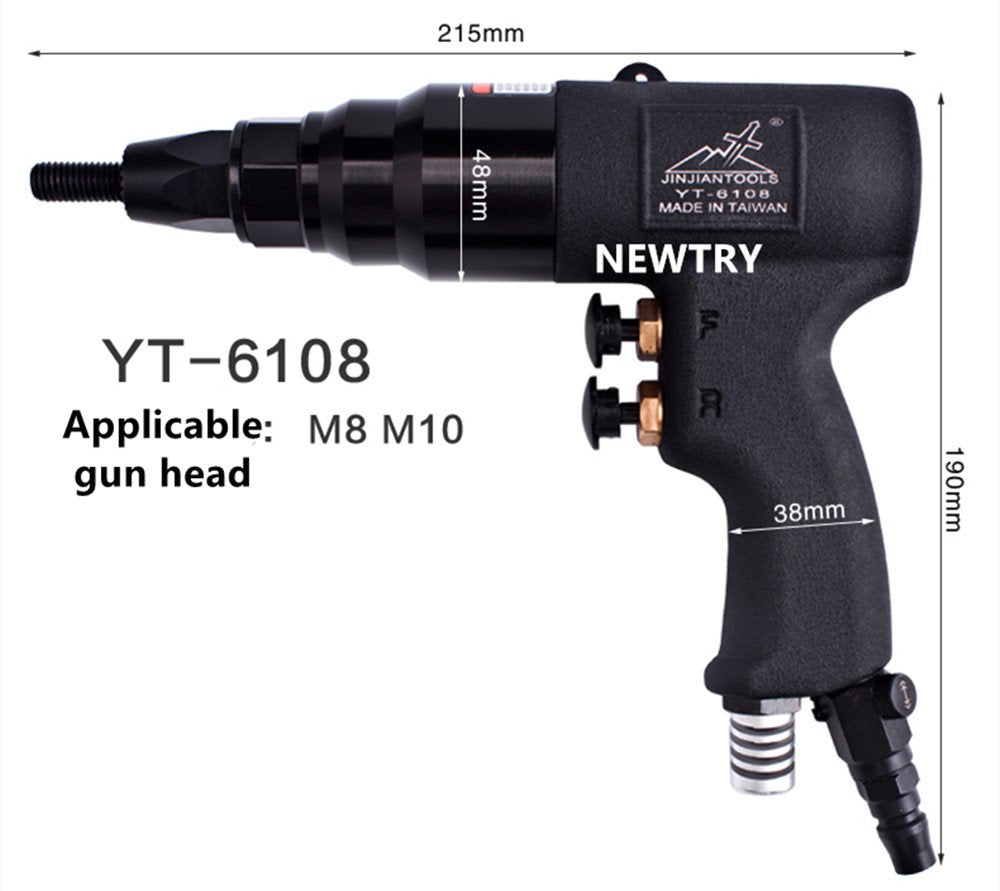 NEWTRY Air Rivet Nut Gun Pneumatic Riveter Riveting Tool Kit with Self-locking Head for 5/16,25/64 Nut (6108 gun with M8,M10 head)