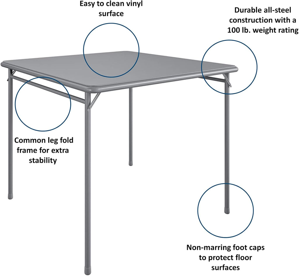 CoscoProducts Premium 5-Piece Table & Chair Dining Set, with 34' Vinyl Top Card Table and 4 Fabric Padded Seat & Back Folding Chairs, Gray