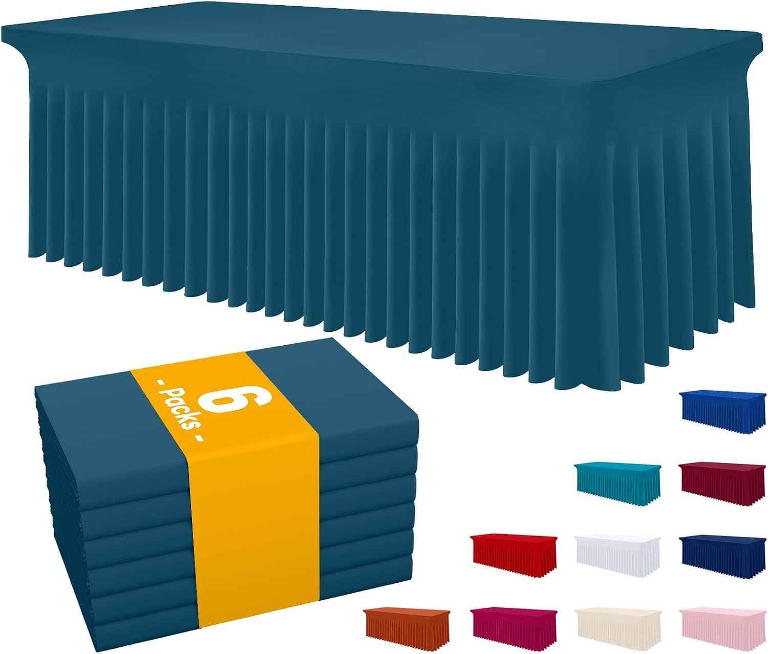 Smiry Spandex Tablecloth 6 Pack, Elastic Fitted Stretch Tablecloth for 6FT Rectangle Tables, Waterproof Washable Table Cover Skirt for Wedding, Banquet & Parties (Peacock Blue, 72Lx30Wx30H Inch)