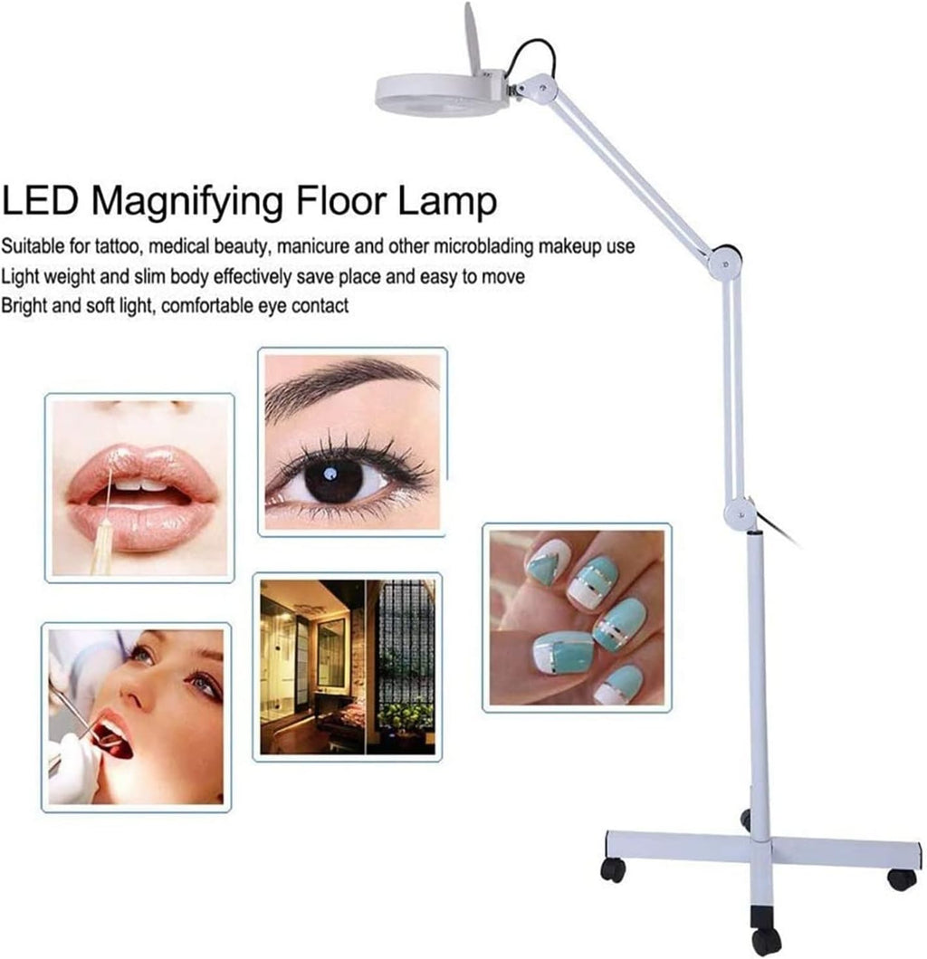 Magnifying Glass,Beauty Magnifying Lamp LED Floor Lamp with 4 Wheels Rolling Base and Adjustable Arm Lighted Magnifier for Reading, Crafts, Sewing, Close Work, Beauty Salon
