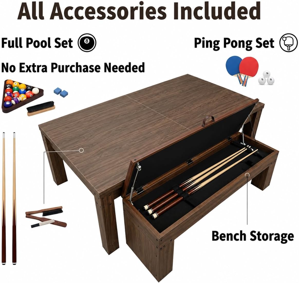 8ft Dining Pool Table Combo with Game Accessories, 3-in-1 Multi-Functional Game Table with Ping Pong & Dining Top & 2 Benches, for Play & Dining