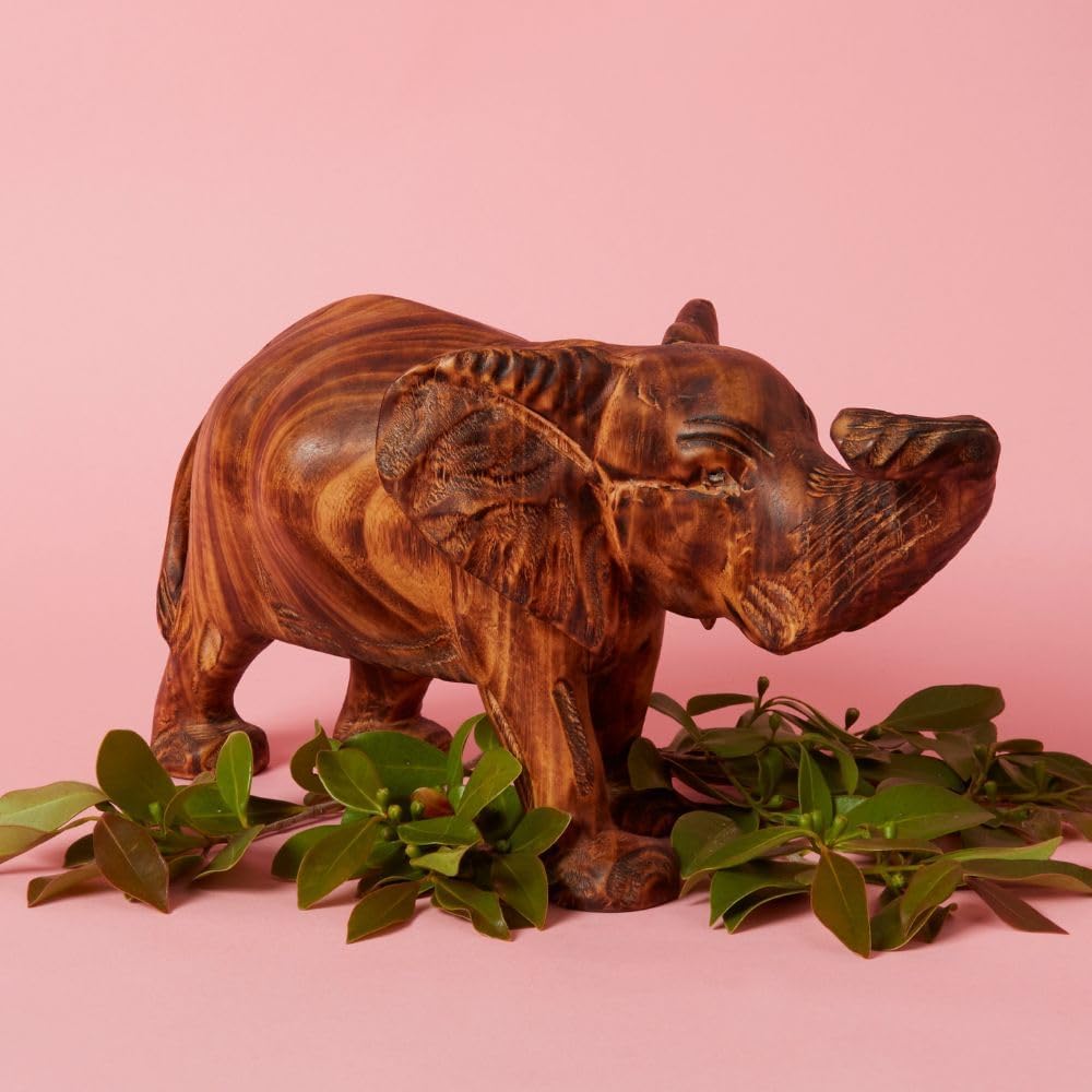 Large Wood Animal Sculptures Set for Room Decor, Giraffe, Hippo, Rhino, Lion and Elephant Statues, Brown