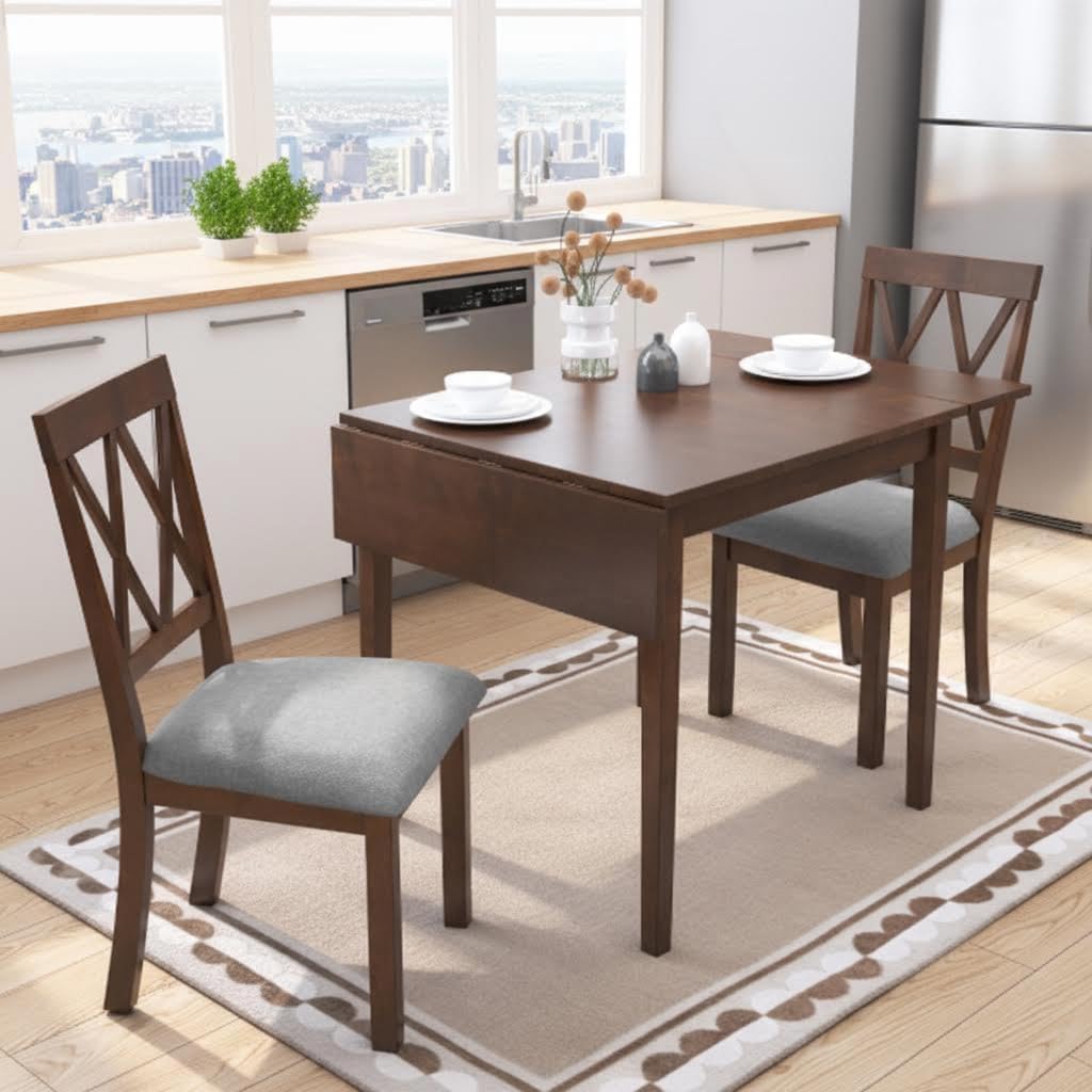 LUMISOL 3 Piece Drop Leaf Dining Table Set with 2 Chairs, Solid Wood Extensible Counter Height Bar Table Set for Small Places, Brown