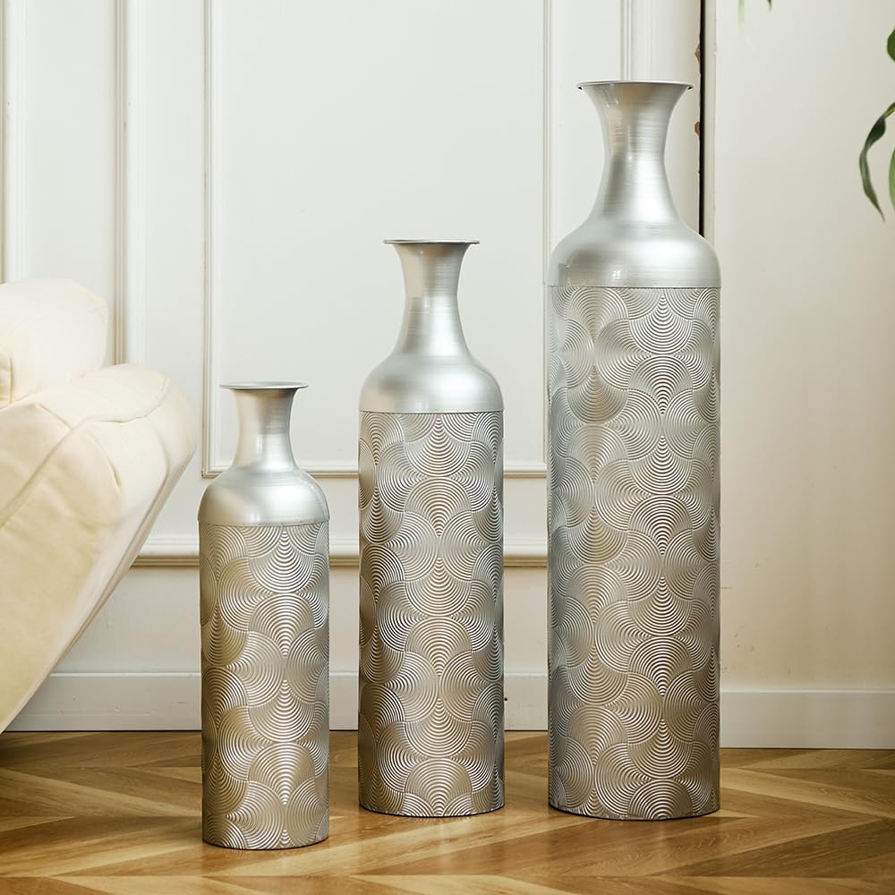Floor Metal Decorated Vases Set of 3 for Gorgeous Home Decoration Large Glazed Metal Vases (Silver)
