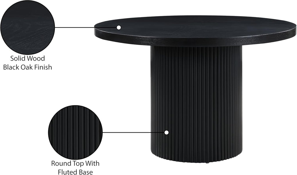 Meridian Furniture 728Black-T Belinda Collection Mid-Century Modern Dining Table, Solid Wood Base, Black Finish Oak Wood Veneer MDF Top, Round Top, Fluted Base, 48' W x 48' D x 31' H, Black