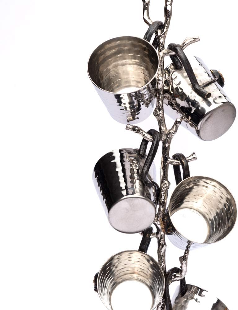 Yair Emanuel Set of 6 Liquor Cups of Hammered Metal on Pomegranate Branch Stand