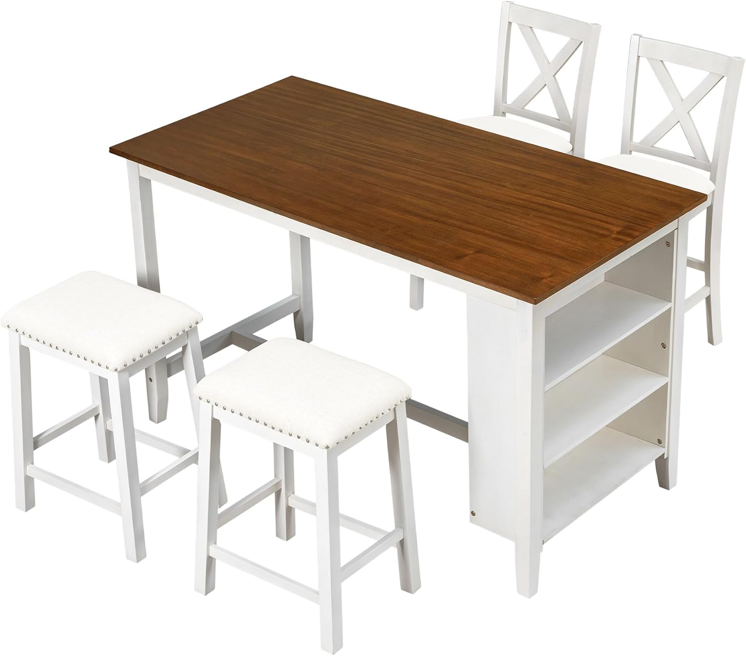 Harper & Bright Designs 5 Pieces Counter Height Wooden Bar Table Set with 3-Tier Shelf, 2 stools and 2 Chairs, Rustic Farmhouse Dining Table Set for 4, White