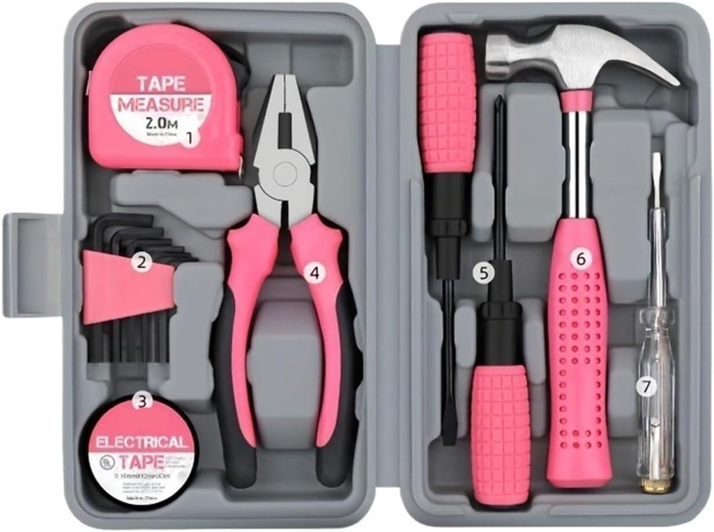 13pcs pink household manual toolbox, including pliers, tape measure hammers, and other tools, can be used Compatible with home repairs.(Hammer style)