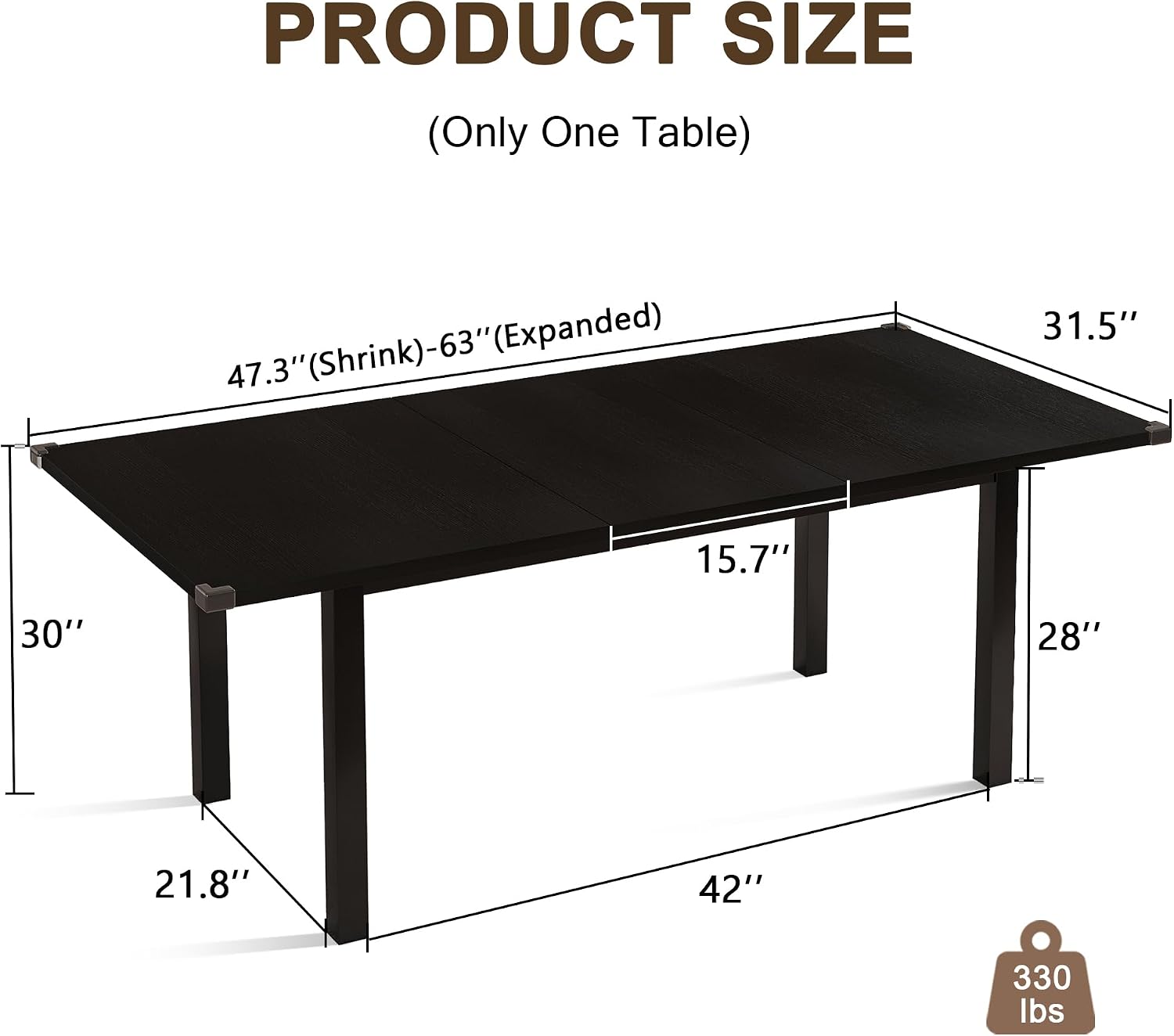 Einhomn Modern Extendable Dining Table for 4-6, 63' Farmhouse Kitchen Table, Rectangular Dining Room Tables for Dining, Kitchen, Office, Living Room, Wooden Tables, Space Saving (Black)