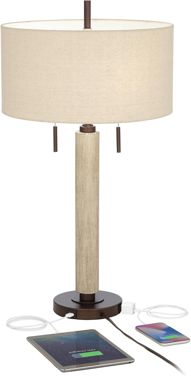 Franklin Iron Works Hugo 28 1/2' Tall Mid Century Modern Natural Cottage End Table Lamps Set of 2 USB Port Pull Chain White-Washed Wood Finish Oatmeal Shade Living Room Charging Bedroom Bedside