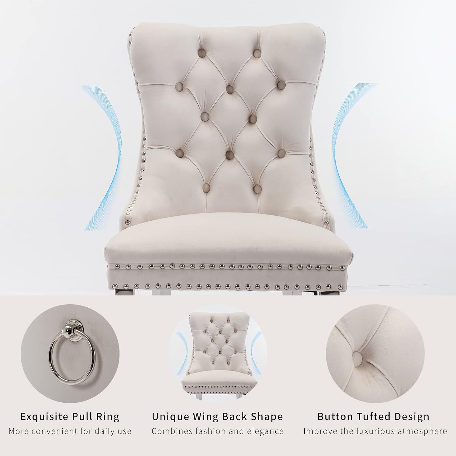 ODUSE-DAILY Velvet Dining Chairs Set of 4, Kitchen & Dining Room Chairs Set of 4, Tufted Dining Chairs, Velvet Upholstered, Chrome Metal Legs (Beige)