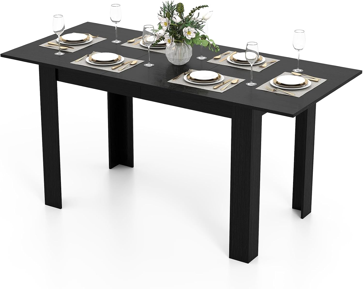 GOFLAME 47'-62' Extendable Dining Table for 4-6 People, Large Rectangular Kitchen Table with L-Shaped Legs, Space Saving Dining Room Table for Kitchen, Living Room, Office, Small Space, Black