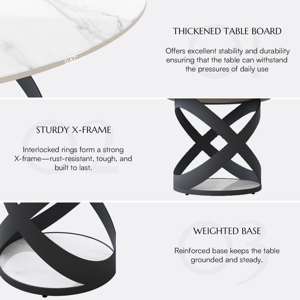 POVISON 59' Modern Dining Table, Glossy White Round Dining Table for 6 Built in Lazy Susan, Sintered Stone Dining Tabletop with Black X Carbon Steel Base (Table Only)