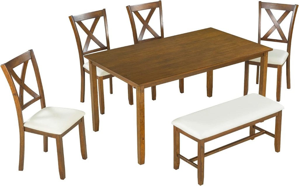 Harper & Bright Designs 6-Piece Dining Table Set, Dining Room Table Set with Wooden Rectangular Dining Table, 4 Dining Chair and Bench, Kitchen Dinette Set for 6 People (Natural Cherry)