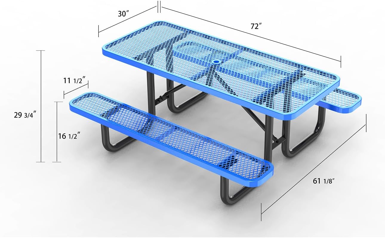 Heavy Duty 6' Rectangular Picnic Table, Expanded Metal,(72' Long) (Blue)