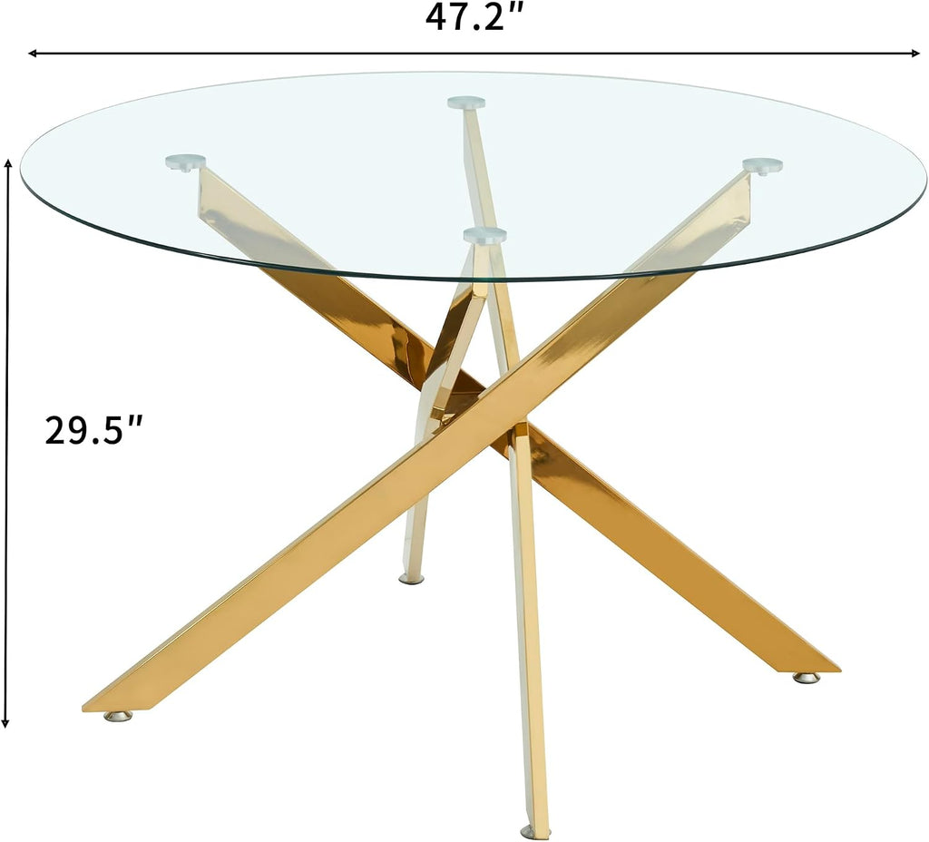 47.25' Round Dining Table for 6, Modern Clear Glass Kitchen Table for 6 with Gold X Metal Legs, Contemporary Small Circle Dining Room Leisure Tables for Kitchen Apartment