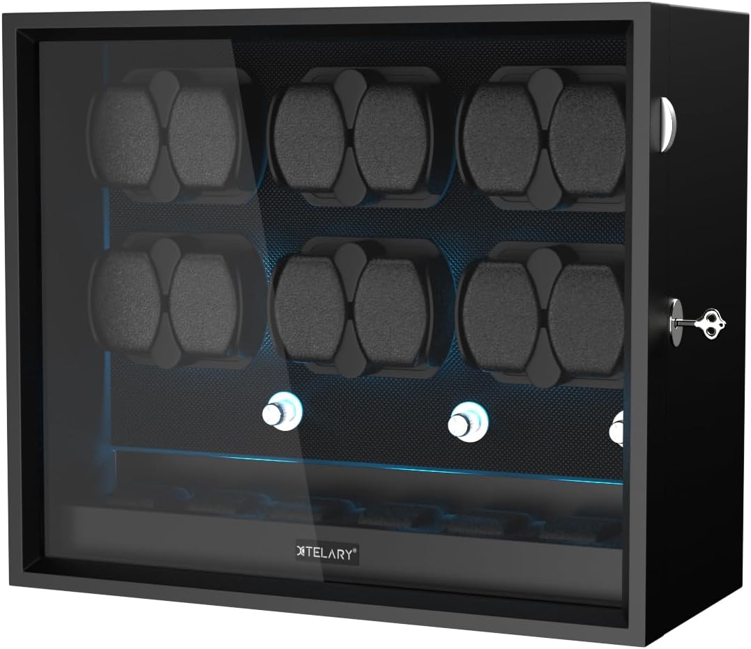 XTELARY Lockable Automatic Watch Winder - 4/6/8/12 Watch Storage, 4 Rotation Modes, Quiet Motor, Backlight