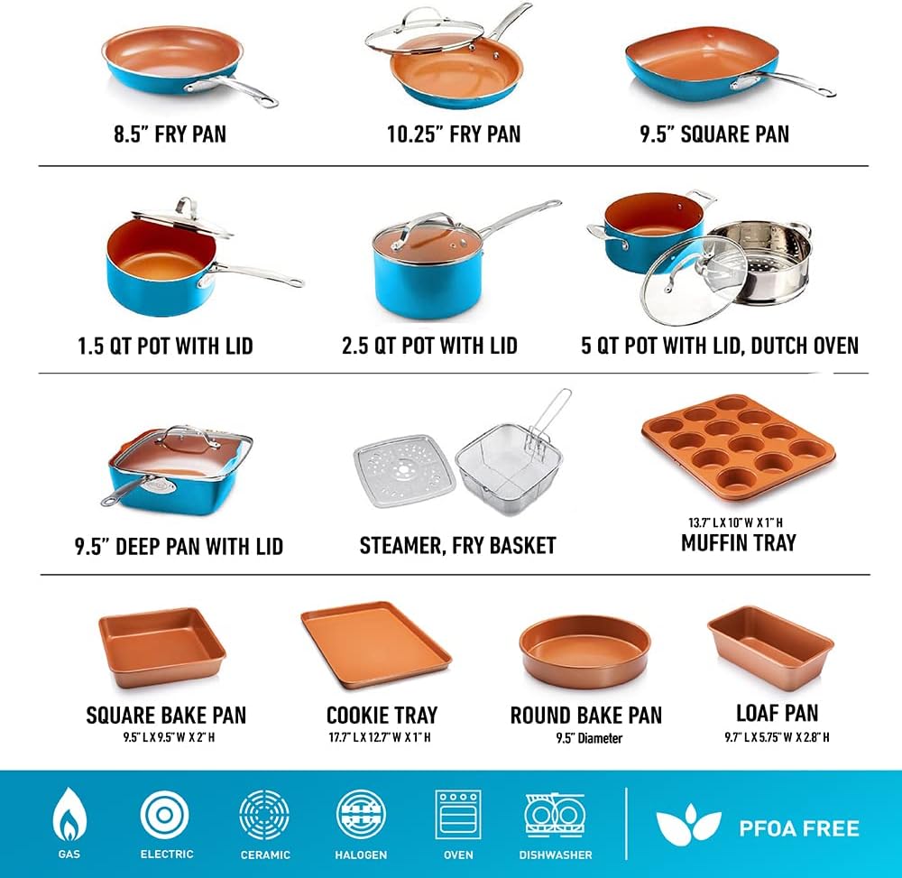 GOTHAM STEEL 20 Piece Copper Pots and Pans Set Nonstick Cookware & Ceramic Bakeware Set, PFOA PFOS Free, Dishwasher/Oven Safe to 500°F, Non Toxic, Metal Utensil Safe – Turquoise