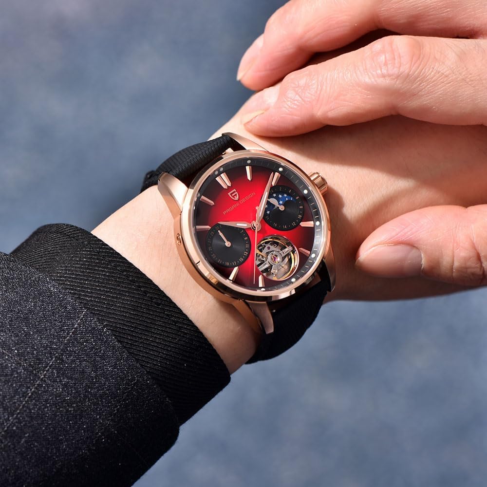 Pagani Design Luxury Men's Automatic Watch Skeleton Tourbillon Moon Phase Stainless Steel 100m Waterproof Leather Strap Men's Mechanical Watch