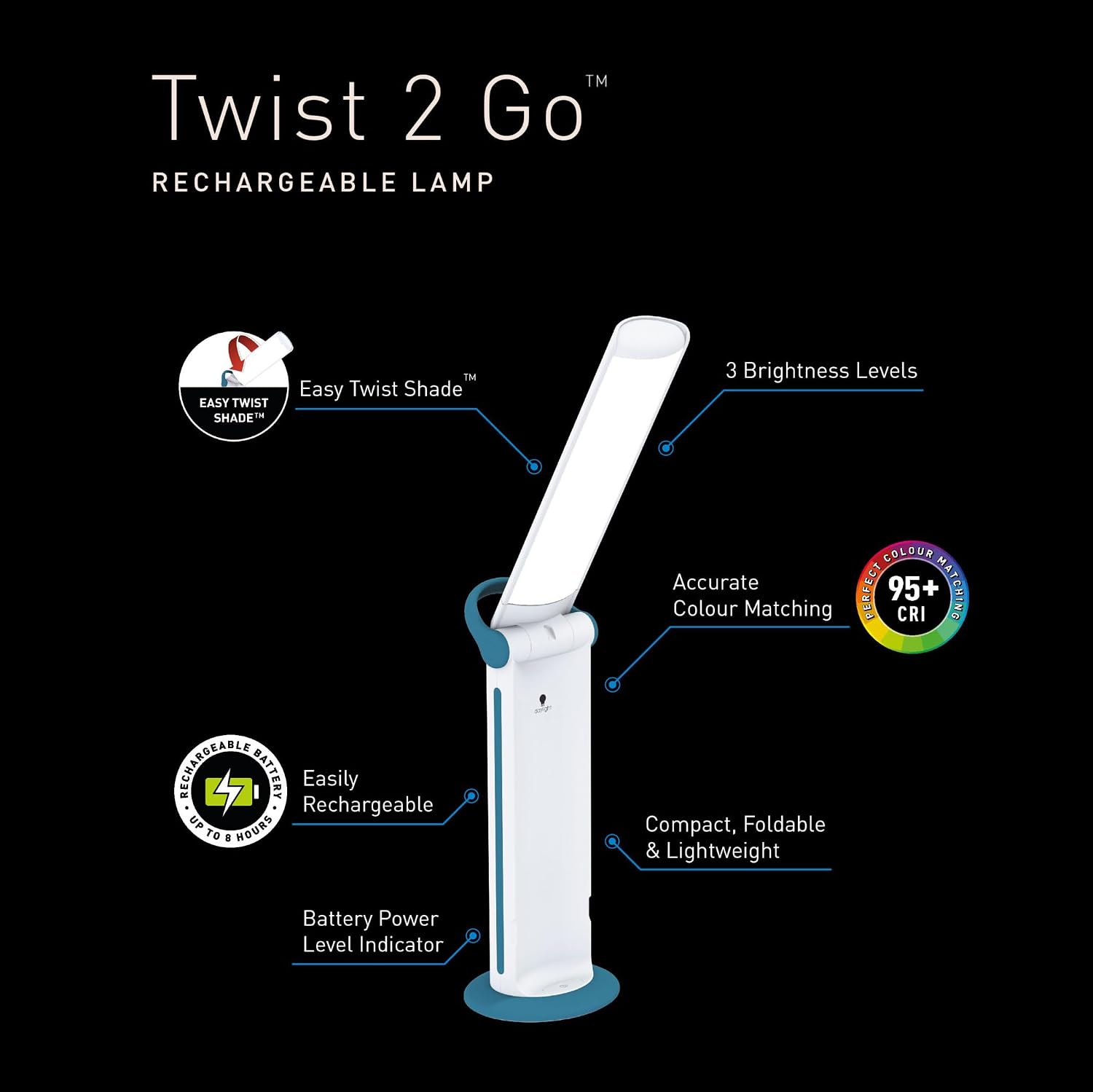 Daylight Twist 2 Go Rechargeable LED Lamp – Portable Craft & Task Light with Easy Twist Shade, 95+ CRI for Color Accuracy, 3 Brightness Levels, Up to 8 Hours Battery Life – Teal & White (U35090)