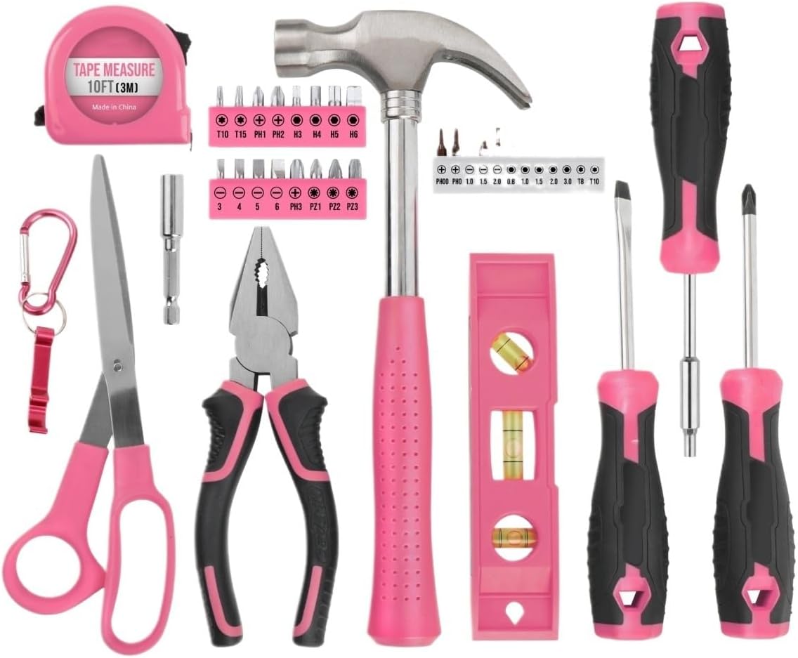 18pc Pink Compact Home Tool Set w/Leveling Device& Compatible with CR-V Pliers-Women's DIY Repair Kit with A4-Size Organizer, Gift-Ready(42pcs)
