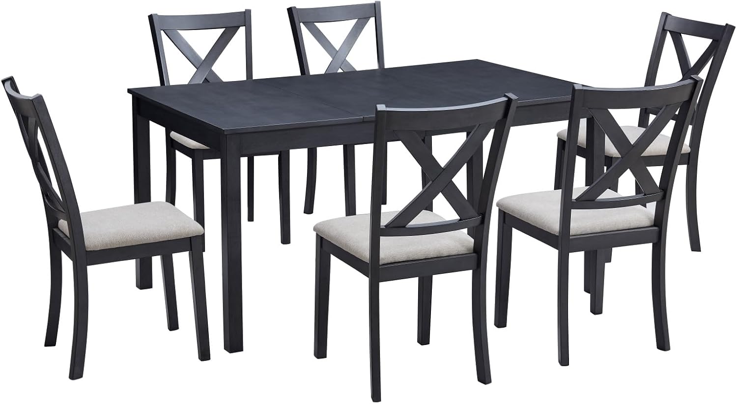 LUXOAK 7-Piece Solid Wood Dining Table Set, 60' Farmhouse Dining Table with 6 Chairs, Rectangular Table Set for 6, Kitchen & Dining Room Furniture, Grey & White