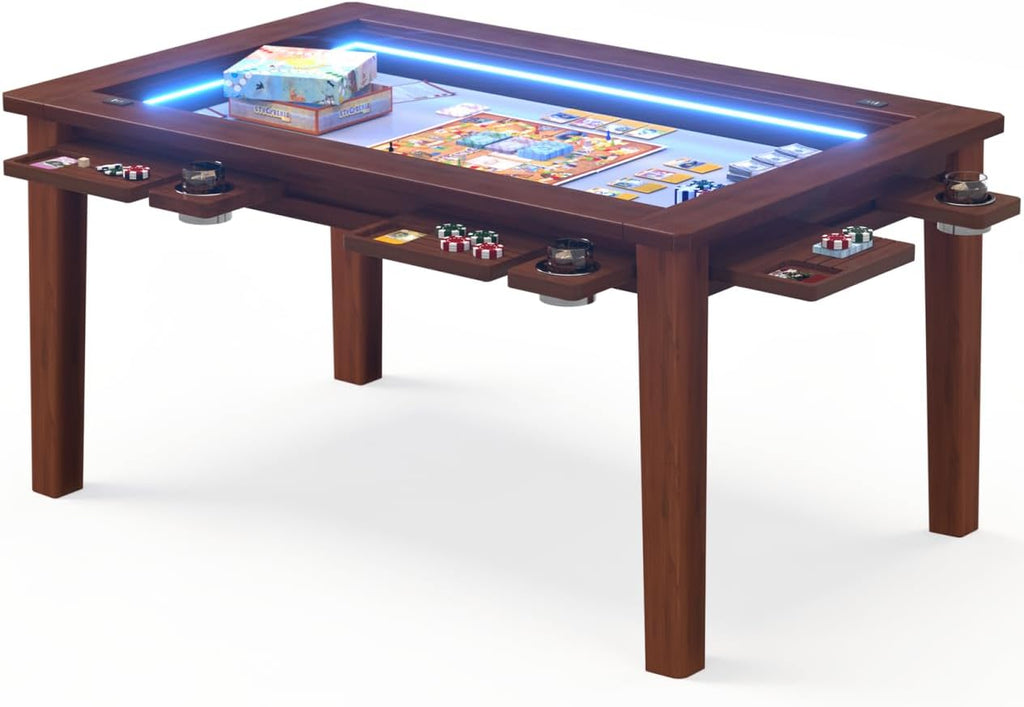 Haddockway Solid Wood Board Game Table with Colorful Led Lights, Dining/Gaming Table for 4-6 Players with Charge Station,Removable Top, Play Mat, 6 Cup Holders & Trays (Warm Walnut)